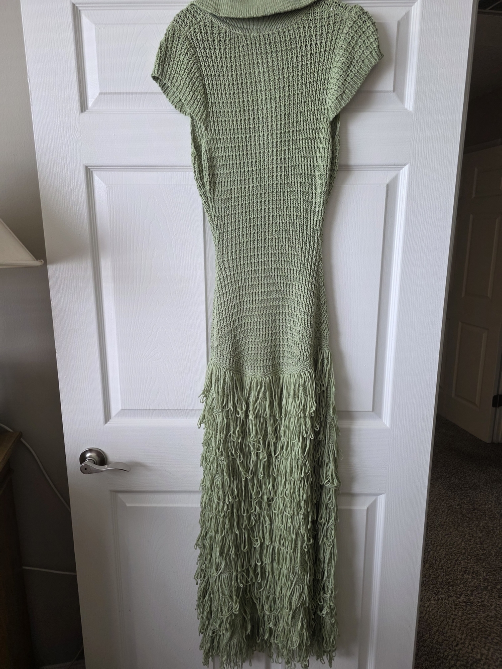 Light Green Knit Fringe Maxi Dress with Polo Collar - Picture 8 of 8